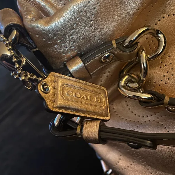 Coach Brooke Metallic Gold Leather Shoulder Bag Purse Signature Perforated Tote - Image 4