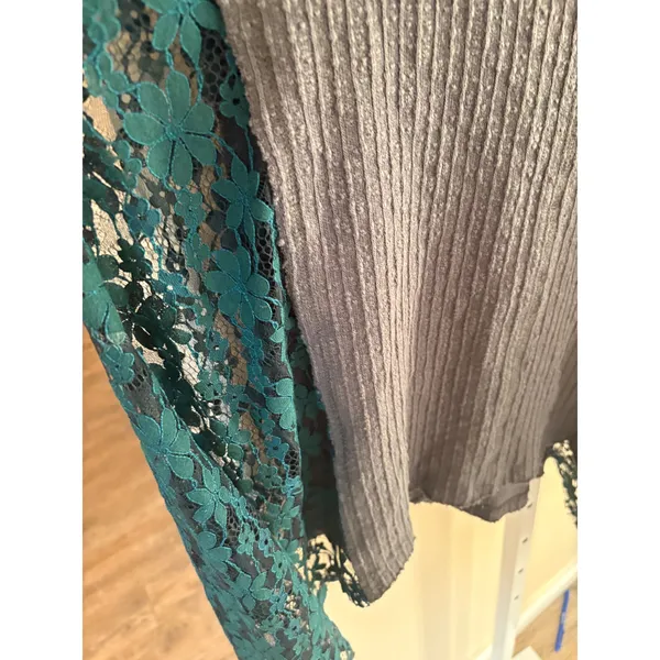 POL Womens Charcoal Grey Thermal Knit Henley Teal Floral Lace Sleeve Boho Top S - Image 3