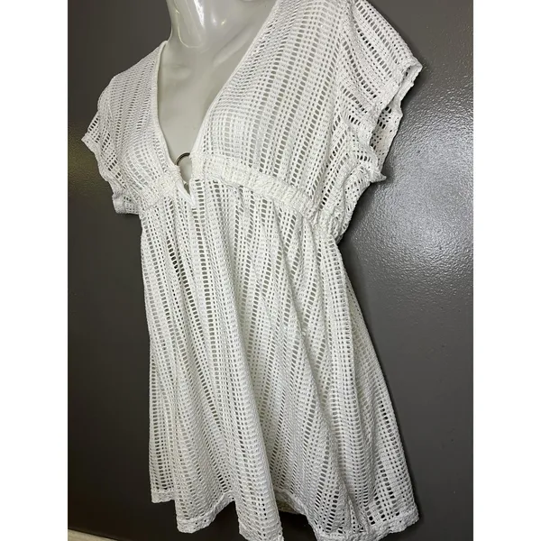 Waves To Coast Cover Up Womens Large White Crochet Mesh V Neck Beach Tunic Swim - Image 4