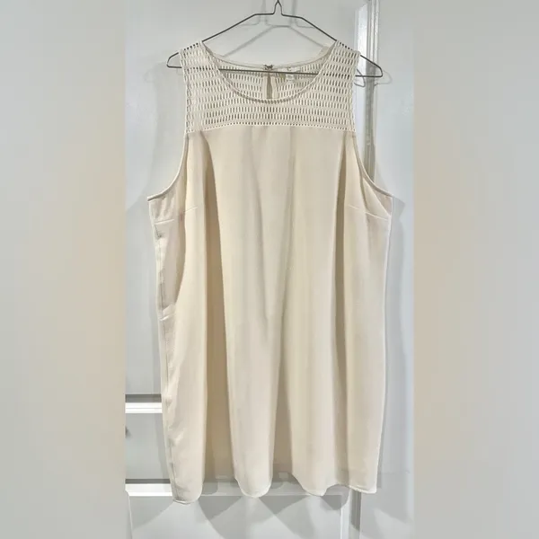 Cream Sleeveless Shift Dress XL Textured Crochet Yoke Lined Neutral Minimalist - Image 8