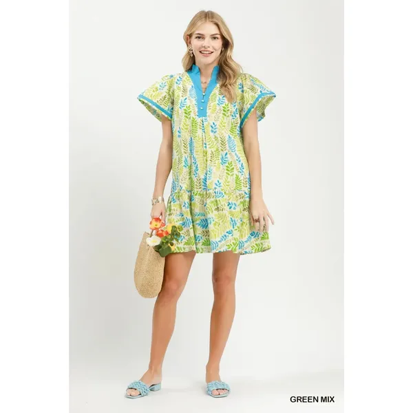 Umgee Leaf Print Flutter Sleeve Tiered Mini Dress - Green Mix - Small - Image 5
