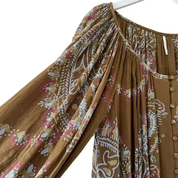 Free People Brown green hippie babydoll peasant dress balloon sleeves S #1993 - Image 4