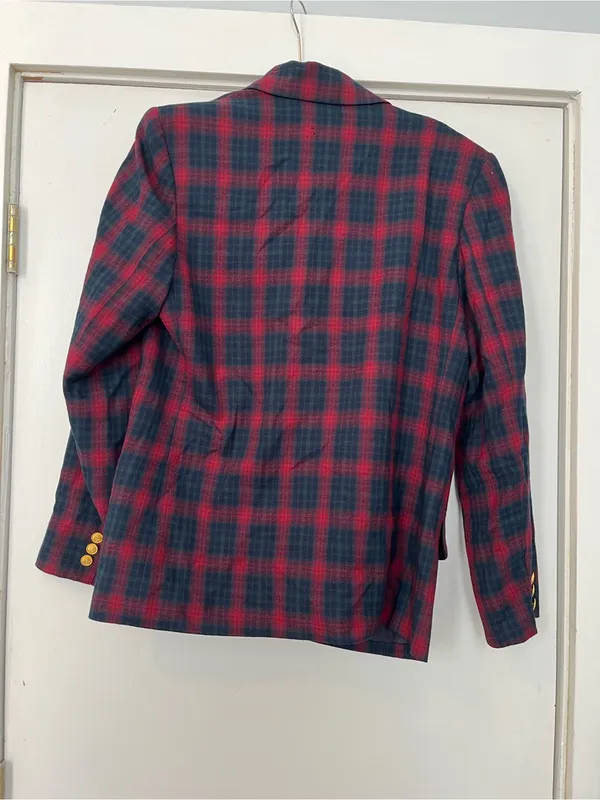 Vintage Red Green Navy Plaid Double-Breasted Blazer gold button wool HOLES - Image 6