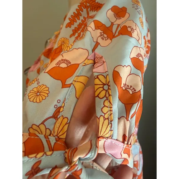 Boho Floral TasselTie Mini Dress Orange Pink Blue Retro boho cottage fairy M NEW - Image 3