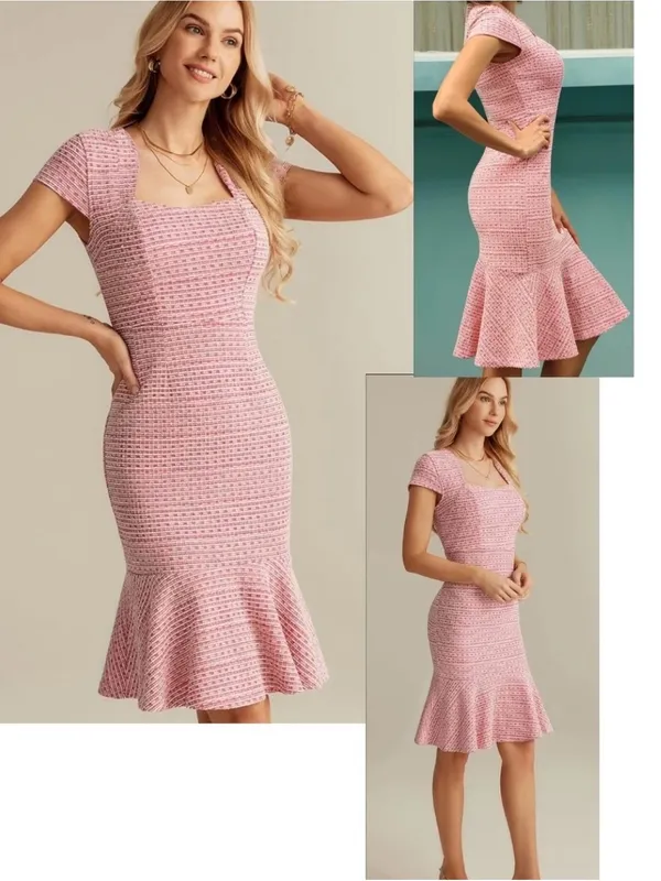 Grace Karin Pink Tweed Square Neck Mini Fit and Flare Dress Sz S VTG 60s Insp - Image 2