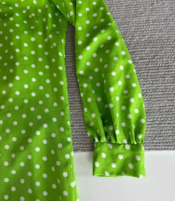 Vintage 1960s Handmade Lime Green White Polka Dot Column Maxi Dress and Scarf - Image 11