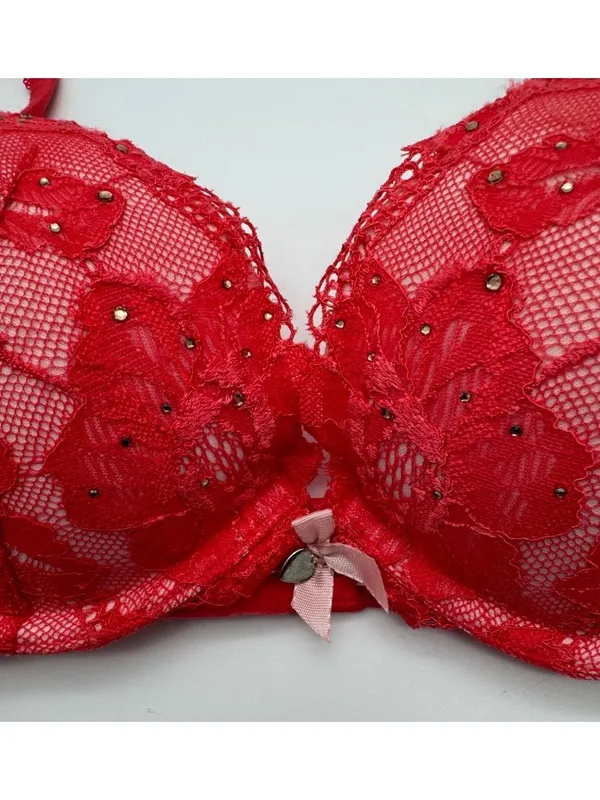 Victoria's Secret Body by Victoria Push-Up Bra Pink Rhinestone Floral Lace 34B - Image 3