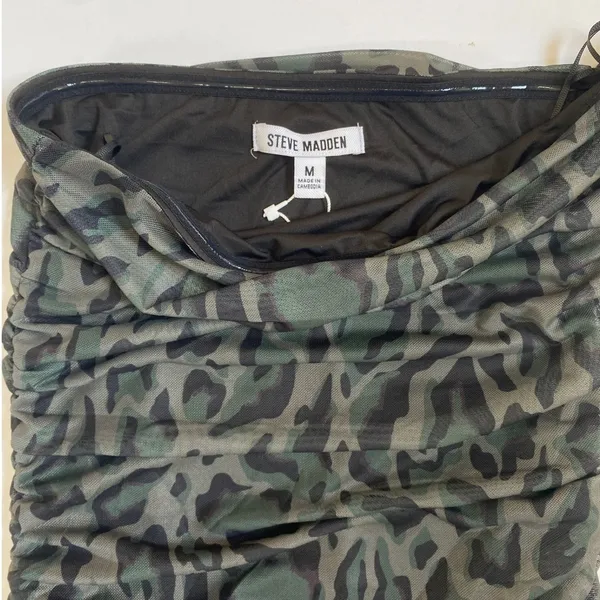 Steve Madden Mesh Tube Dress Army Green Leopard Print Ruched Midi DP28483F ‎ M - Image 8