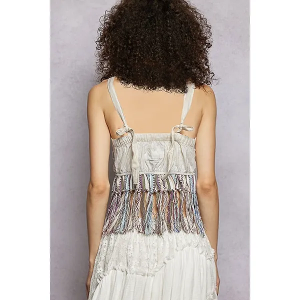 POL‎ Lace-Up Fringe Hem Tank with Lace Detail - Small - Image 4