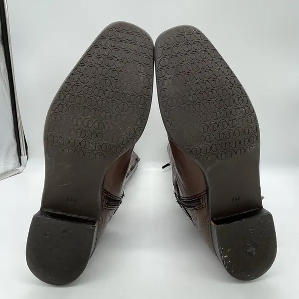 Talbots Womens 7AA Riding Boots Tall Brown Pebbled‎ Leather Gold Buckle Full Zip - Image 5