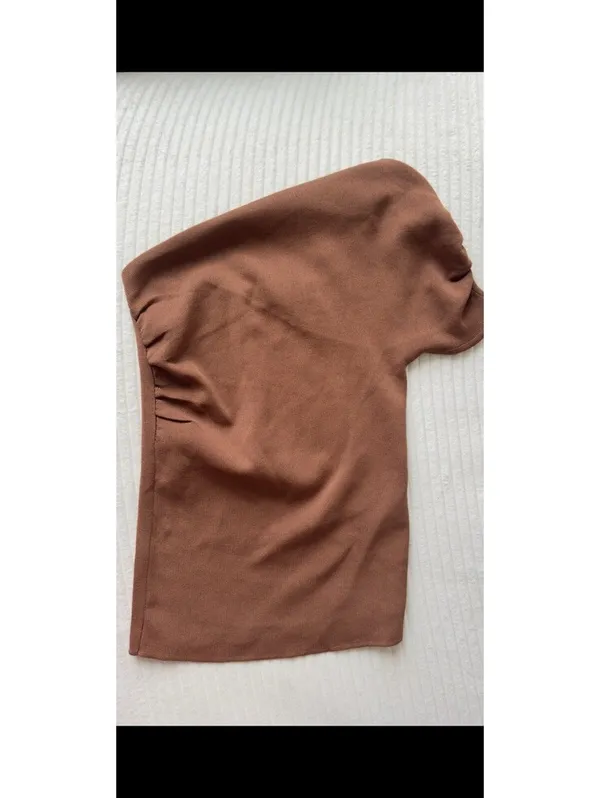 Zara Ribbed One Shoulder Knit Top Brown Ruched Stretch Short Sleeve Size S - Image 3