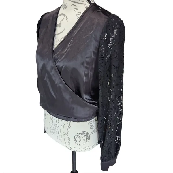 Pleione -511‎ NWT Black Faux Wrap Dressy Top Lace Sleeves Small - Image 2