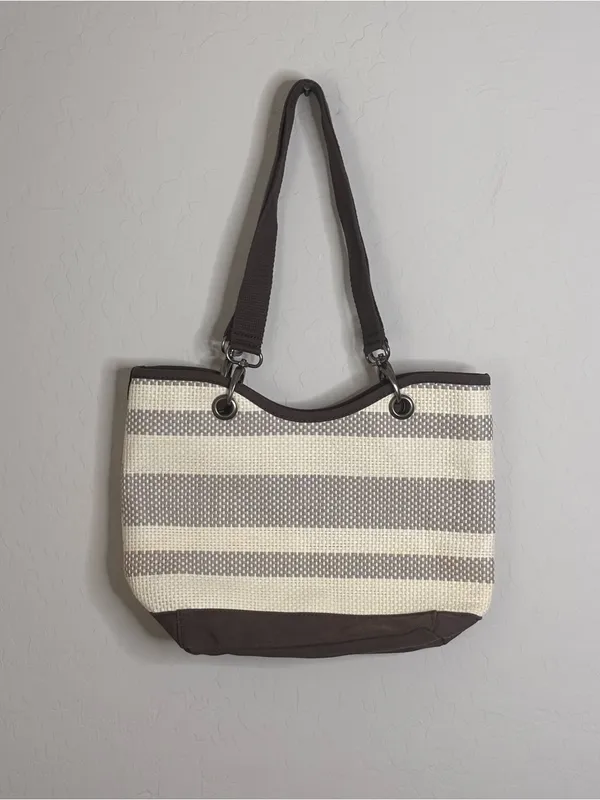 Thirty-One Canvas Crew Mini Taupe Straw Stripe Tote Bag Purse Beige Brown Bag - Image 2