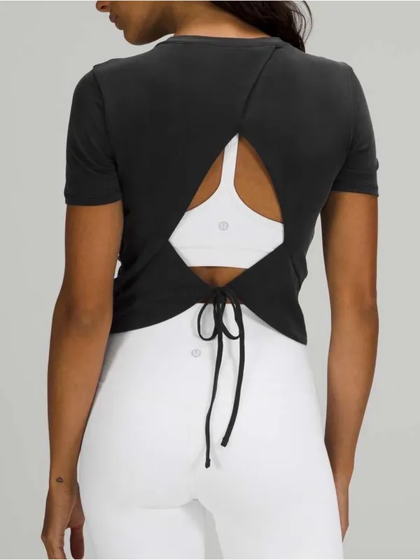 Lululemon Open Back-Tie Short Sleeve Training Top Black Graphite Yoga Tee 2 - Image 2