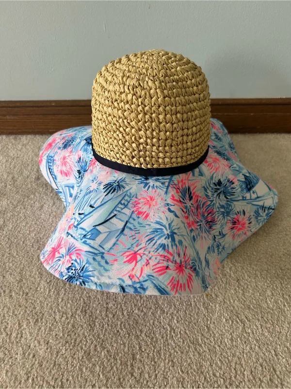 Lilly Pulitzer Sea‎ To Shining Sea Floppy Straw Sun Beach Hat Blue Pink Sailboat - Image 3