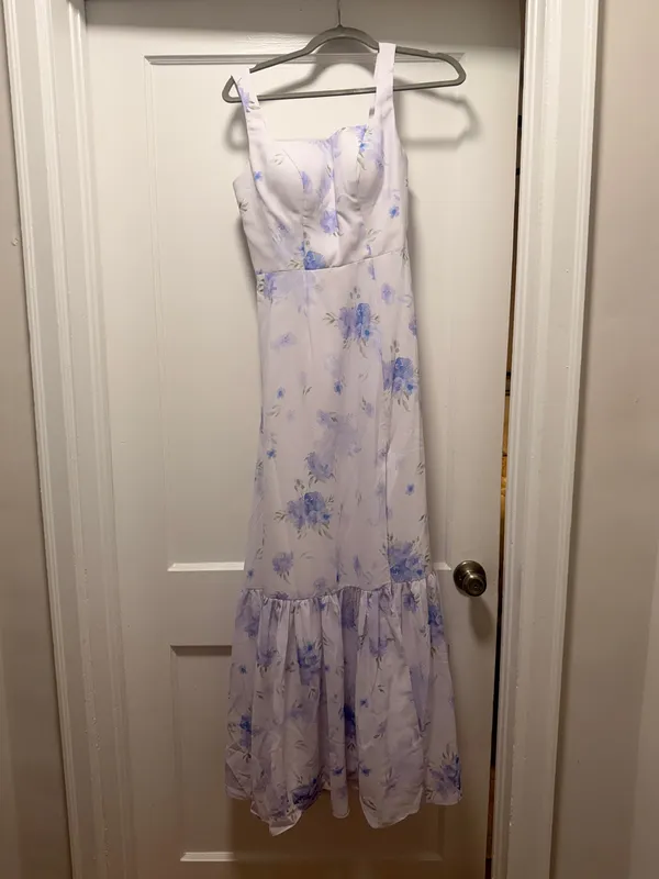Formal Lilac Thick Straps Floral Sheath Maxi Dress w/ Slit - Image 5