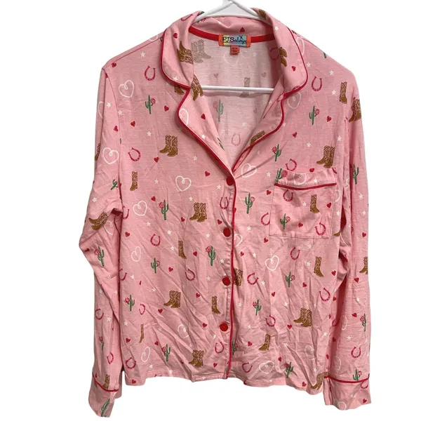 PJ Salvage Long Sleeve Pajama Set M Pink Western Cowboy Horseshoe Cowgirl Cactus - Image 2