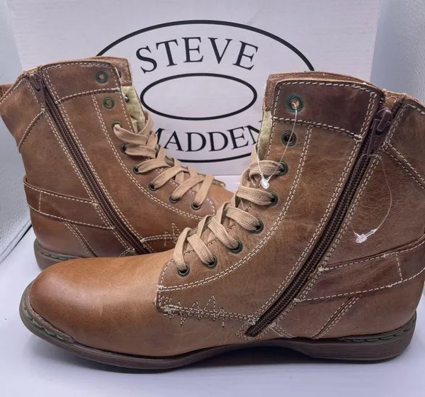 Steve Madden leather fur fleece lined tan lace up boots Size 9 - Image 14