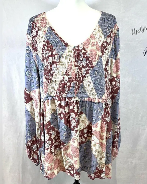Maurice’s plus long sleeve boho patchwork smocked peplum top size 1X - Image 3