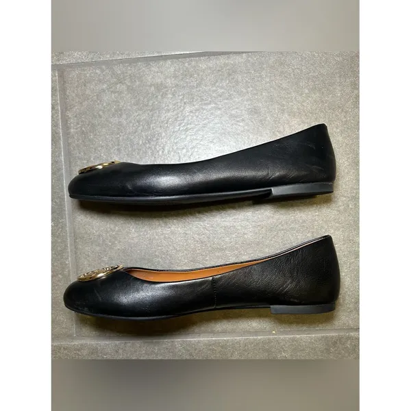 Tory Burch Black Leather Gold Logo Slip On Ballet Flats Women’s Shoe Size 8 - Image 7
