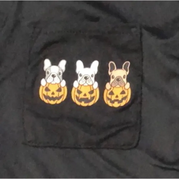 Size M Pajama Top French Bulldogs Pumpkins Black Button Front Halloween - Image 2