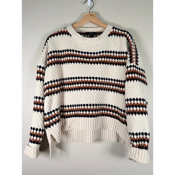 Forever 21 Womens Chenille Popcorn‎ Knit Striped Sweater Cream Brown Navy Small - Image 3