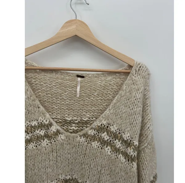 Free People Womens Cream Knit Chunky Oversized Sweater Fuzzy Size L Neutral Long - Image 5