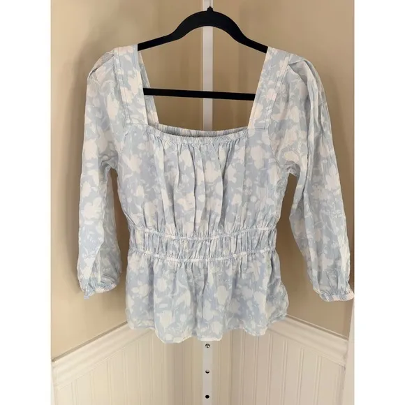 Free Assembly Floral Peplum Top Square Neck Smocked Waist Blue White Small - Image 2