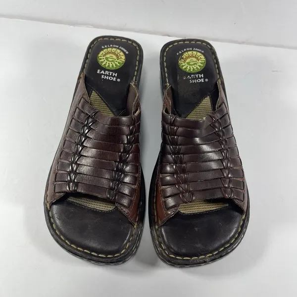 Earth Shoe Berkshire Brown Leather Woven Slides Sandals Women’s 8 Gelron 2000 - Image 4