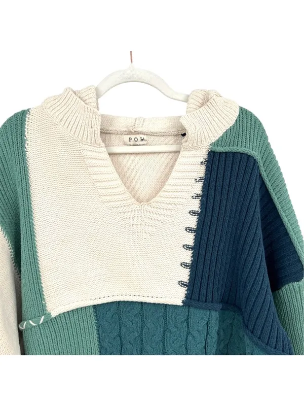 POL Colorblock Knit Hoodie Sweater Patchwork Beige Green Navy Size Small - Image 2