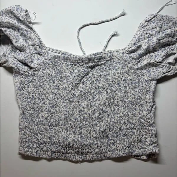 Sienna Sky Blue Floral Smocked Crop Top - Lace Trim & Puff Sleeves - Image 7