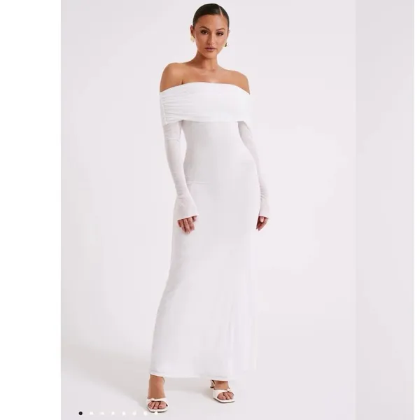 MESHKI Ivory White Josie Off Shoulder Mesh Fold Over Neckline Maxi Dress sz L - Image 4