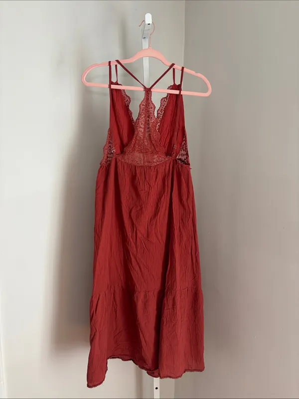 Lush Rust Red Lace-Trim Sleeveless Midi Boho Sun Dress Western Cottage Size S - Image 4