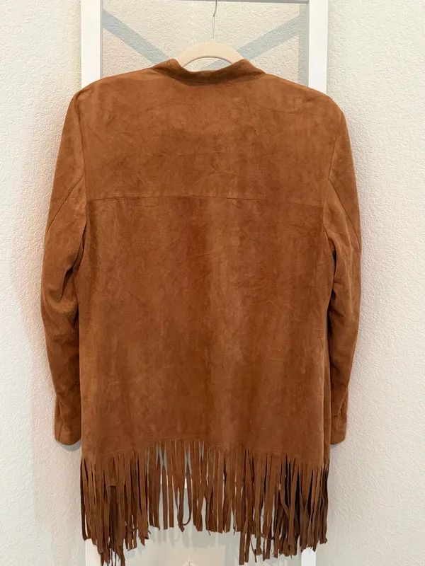Chico’s Brown Faux Suede Fringe Jacket Size 2 Western Boho Open Front - Image 4
