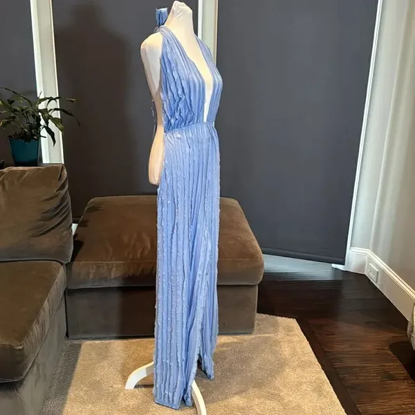 Women’s Blue V-Neck Backless Jumpsuit Romper RuffleWave WideLeg Pants Size M NEW - Image 4