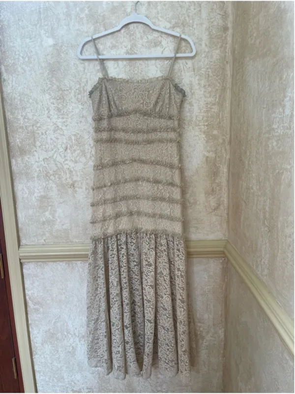 BHLDN Cream Lace Tiered Midi Dress Size M Romantic Boho Chic Wedding Guest Party - Image 3