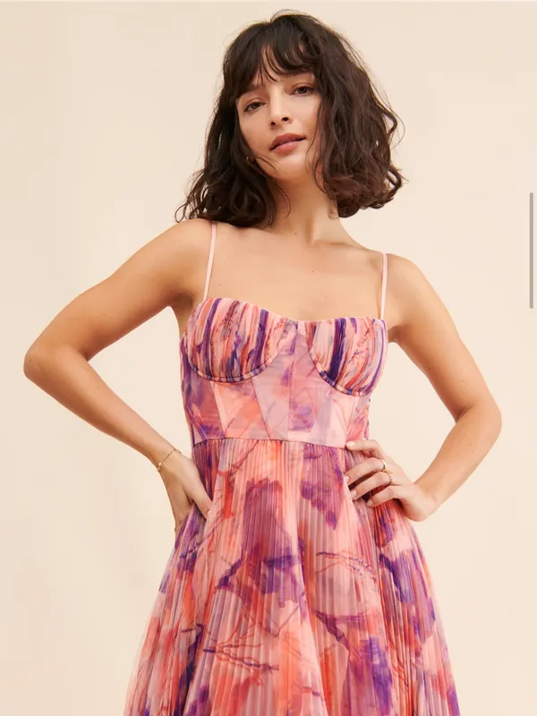 Hutch Floral Pleated Tulle Sweetheart Maxi Dress in Pink and Purple - Image 4