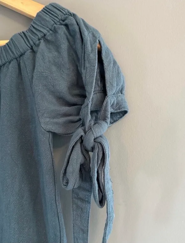 Lulus blue tie off the shoulder short sleeve blouse - Image 4
