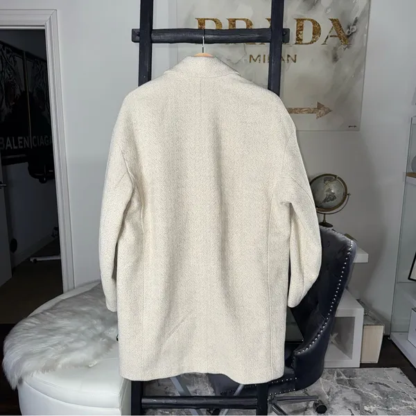 Mango Wool Blend Herringbone Double Breasted Coat Neutral Beige Medium New NWT - Image 13