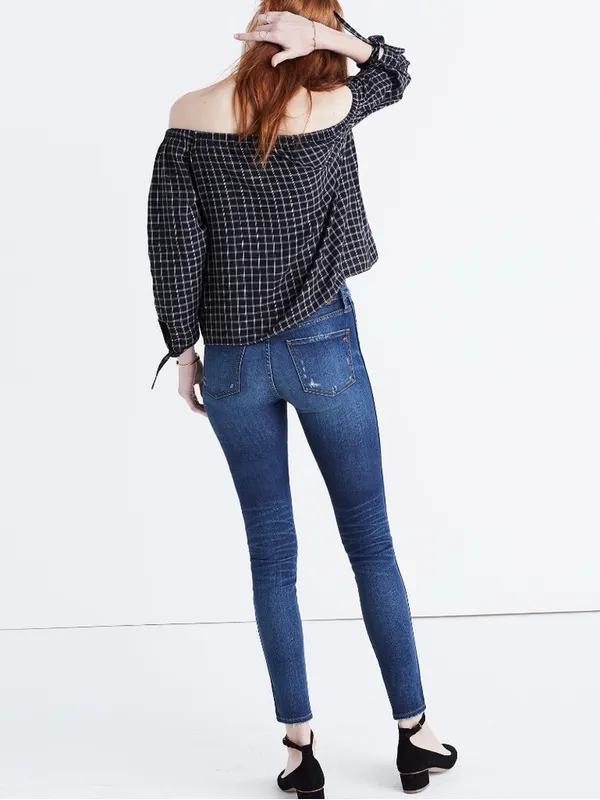 🖤Madewell Black and White Plaid Off-Shoulder Blouse - Image 3