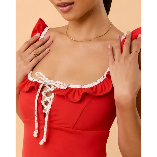 Blogilates Women’s Red Solid Scoop Neck Ruffle Lace-Up Tank Top XL Regular - Image 3