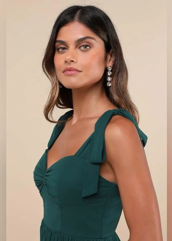 LULU’S Radiant Charisma Emerald Chiffon Ruched Tie Strap Maxi Dress - Image 2