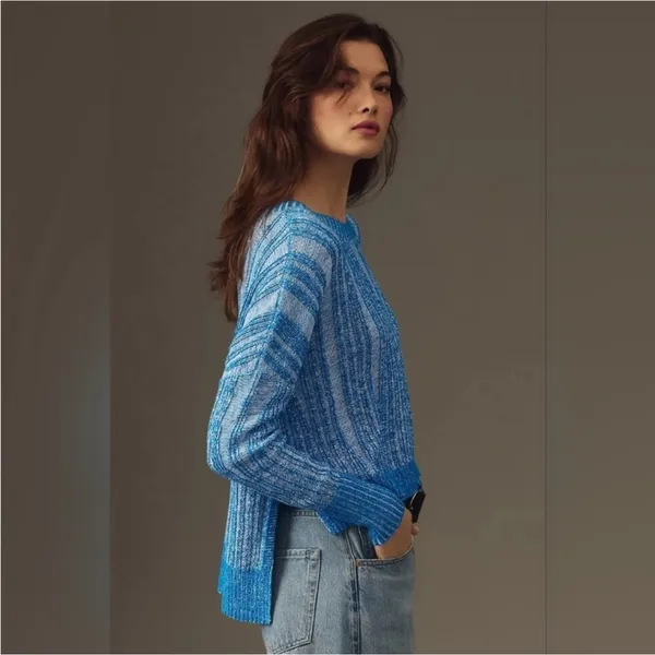 Pilcro Anthropologie Blue Striped‎ Knit Sweater Pullover Casual Lightweight Cropped Top - Image 3