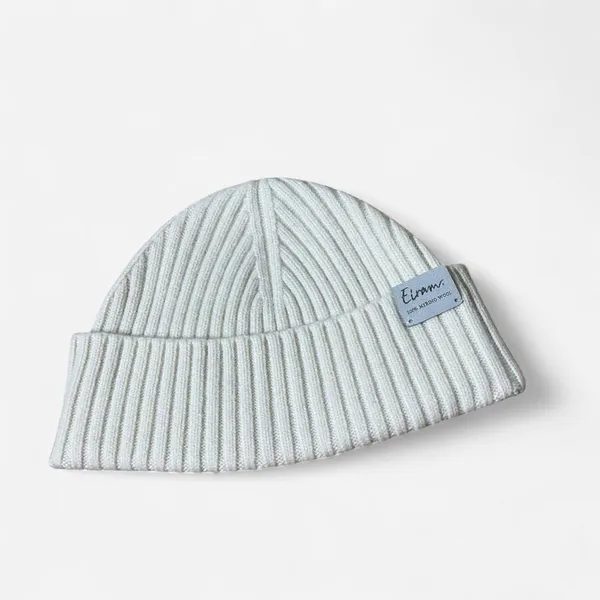 Eiram Cream Ribbed Beanie 100% Merino Wool Cuffed‎ Knit Winter Hat Off-White - Image 6