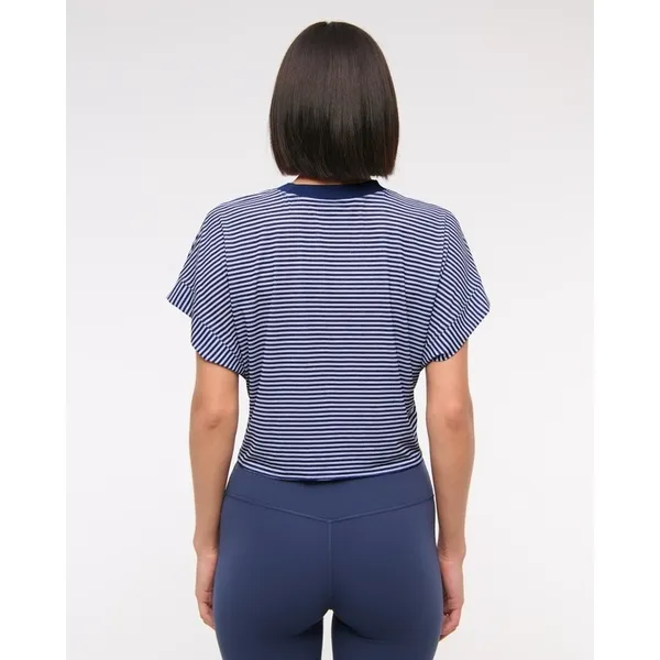 YPB Featherweight Tie-Front Tee Navy Blue Striped Active Crop Top XL - Image 6