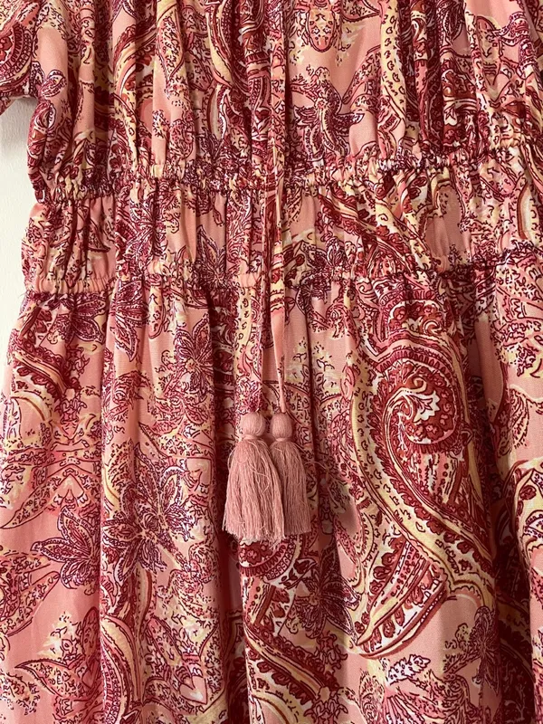 Boho Paisley Midi Dress Large Puff Sleeve Flowy Romantic Tassel Festival - Image 6