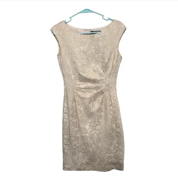 Ralph Lauren Sleeveless Ruched Jacquard Midi Dress in Light Gold - Image 4