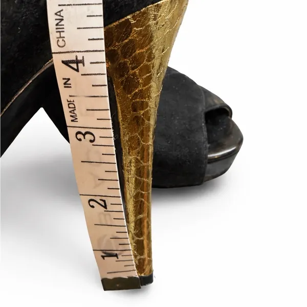 Guess Black Suede and Gold Peep-Toe Heels - Image 3