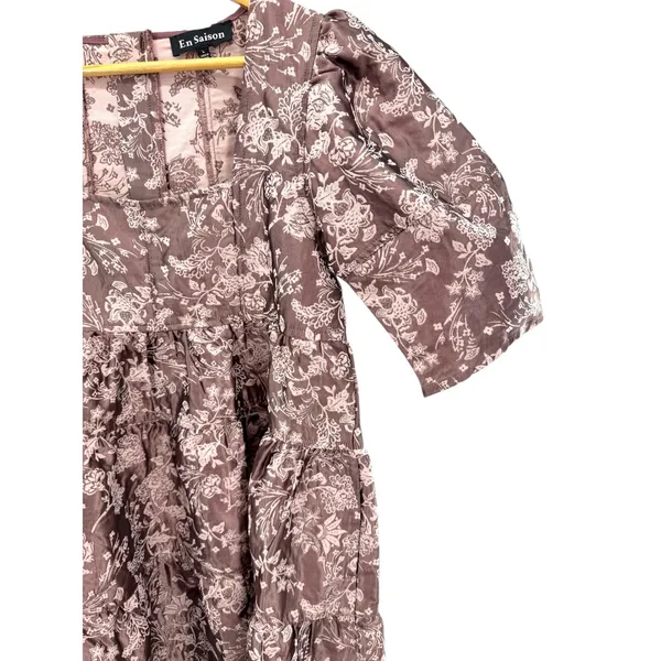 En Saison Jacquard Floral Puff Sleeve Tiered Mini Dress Mauve Pink Brown L‎ - Image 2