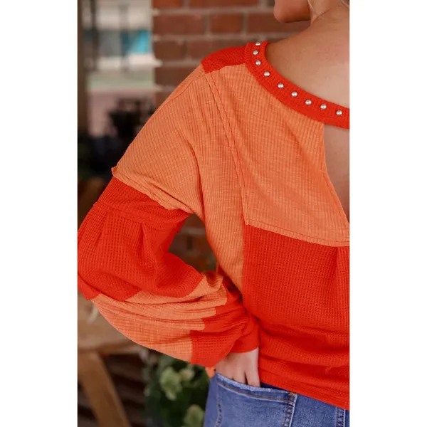 Charming Charlie sz L Women Studded Waffle VNeck Long Sleeve Top patchwork stitch - Image 8